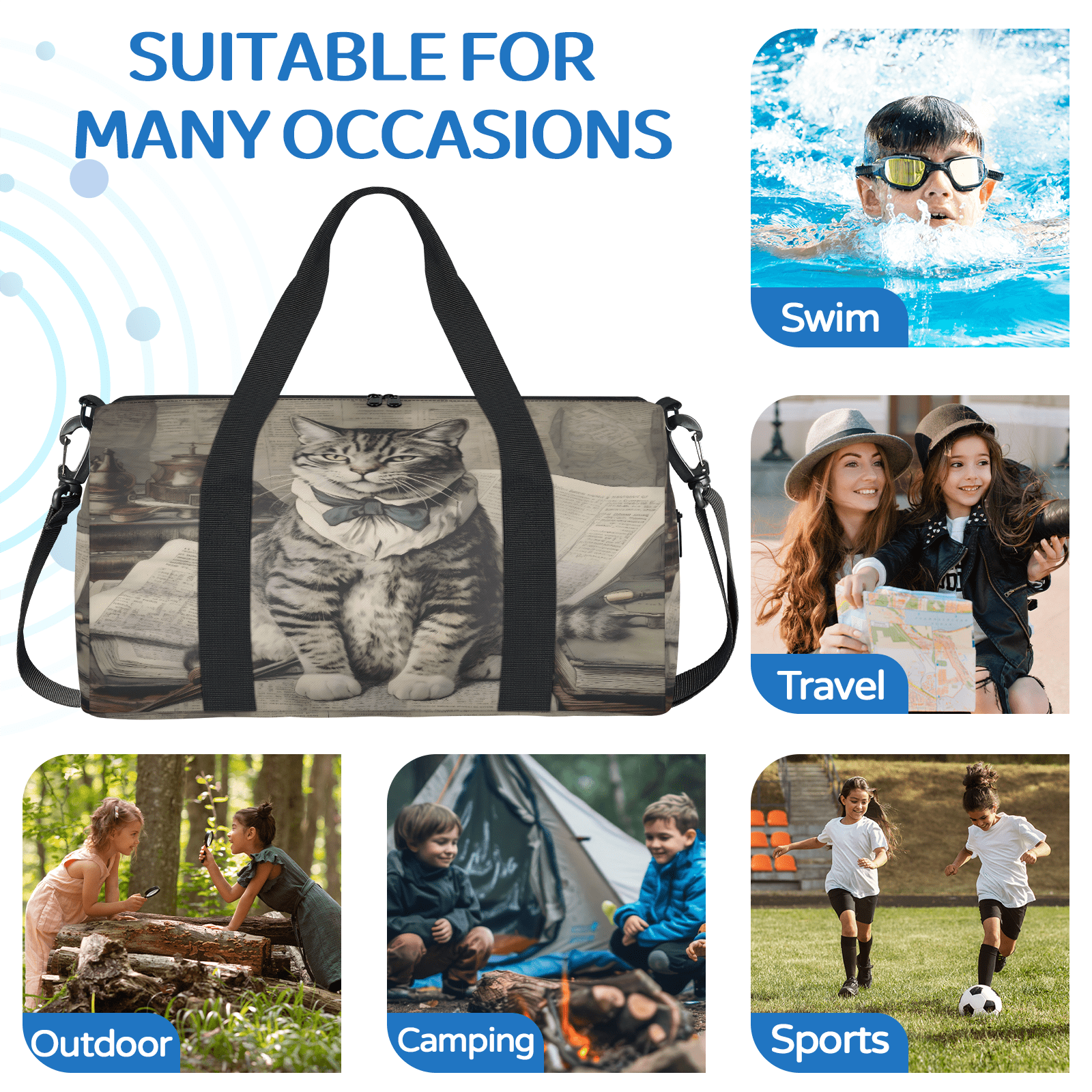 Herdesigns Vintage Funny Cat Gym Bag for Women, Duffle Bag for Travel Sport, Lightweight Waterproof Carry on Weekender Overnight Dance Yoga Workout Bags