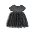 thumbnail image 1 of Little Girls Short Sleeve Round Neck Ribbed Stitching Fluffy Hem Summer Casual A-Line Dress, 1 of 8