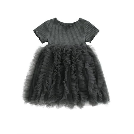 

Suanret Toddler Baby Girls Ruffle Princess Party Dress Short Sleeve Ribbed Ball Gown Tulle Tutu Dresses Clothes Dark Gray 3-4 Years