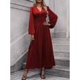 thumbnail image 5 of Women'S Spring Sleeve High Split Casual Loose V-Neck Waist A-Line Flowy Swing Maxi Length Dresses Wine Red XL, 5 of 7