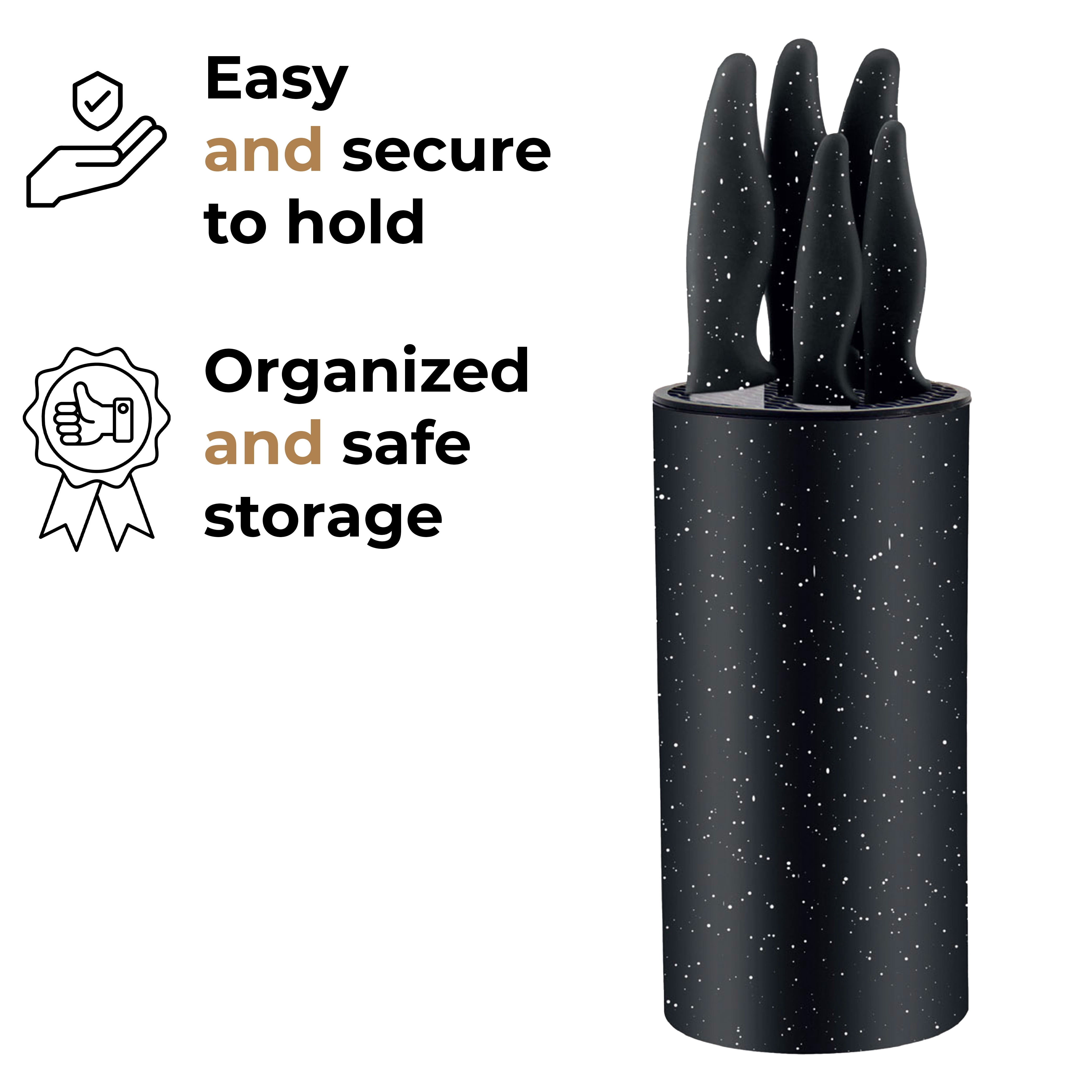 JS Gourmet - Knife Set with Universal Storage Block, Stainless Steel Blade, Black