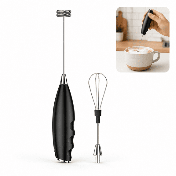 Battery Operated Handheld Milk Frother with 2 Stainless Steel Whisk Heads, Electric Coffee Foam Maker and Mini Mixer for Lattes, Cappuccino, Eggs and Cream, Black