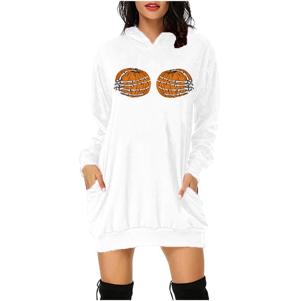 Vestido de sudadera corto con bolsillos con capucha y estampado de Halloween para mujer informal a la moda Pompotops hdfakjf87