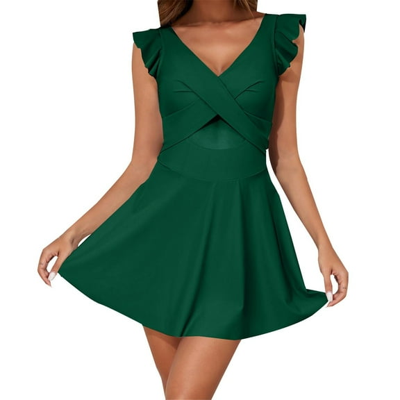 MSJUHEG Skirt Bathing Suits for Women,Bathing Suit with Shorts,Ruched Skirt Bathing Suit,Tummy Control Swim Dresses,Beach Crochet Knit Sets,One Piece Swimdress Women, Green L