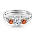 thumbnail image 3 of Gem Stone King 10K White Gold White Lab Grown Diamond and Orange Sapphire 5 Stone Bridal Engagement Wedding Ring Set for Women (0.93 Cttw, Round: 5MM and 3MM, Size 5), 3 of 6