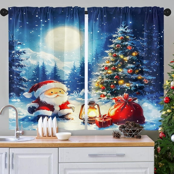 Christmas Cute Santa Tree Kitchen Curtains Winter Window Curtains Over Sink Set of 2, Snow Snowflake Rod Pocket Short Tier Curtains for Kitchen, Blue Christmas Small Kitchen Decor (26x36 Inch)