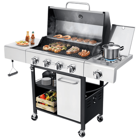 Sesslife 4-Burner BBQ Propane Gas Grill with Side Burner, 50,000 BTU Stainless Steel Patio Barbecue Grill with Shelf, Gas Tank Hook, Towel Rack & Bottle Opener for Camping, Outdoor,Parties.