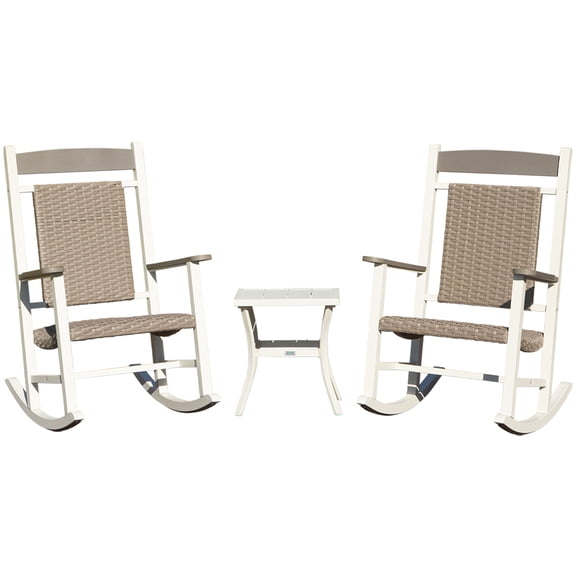 JERFIT 3-Piece All-Weather Wicker Rocking Chair Set, Oversized Patio Rockers for Porch, Garden & Lawn, 380lb Capacity, Comfortable High-Back Design in White and Gray