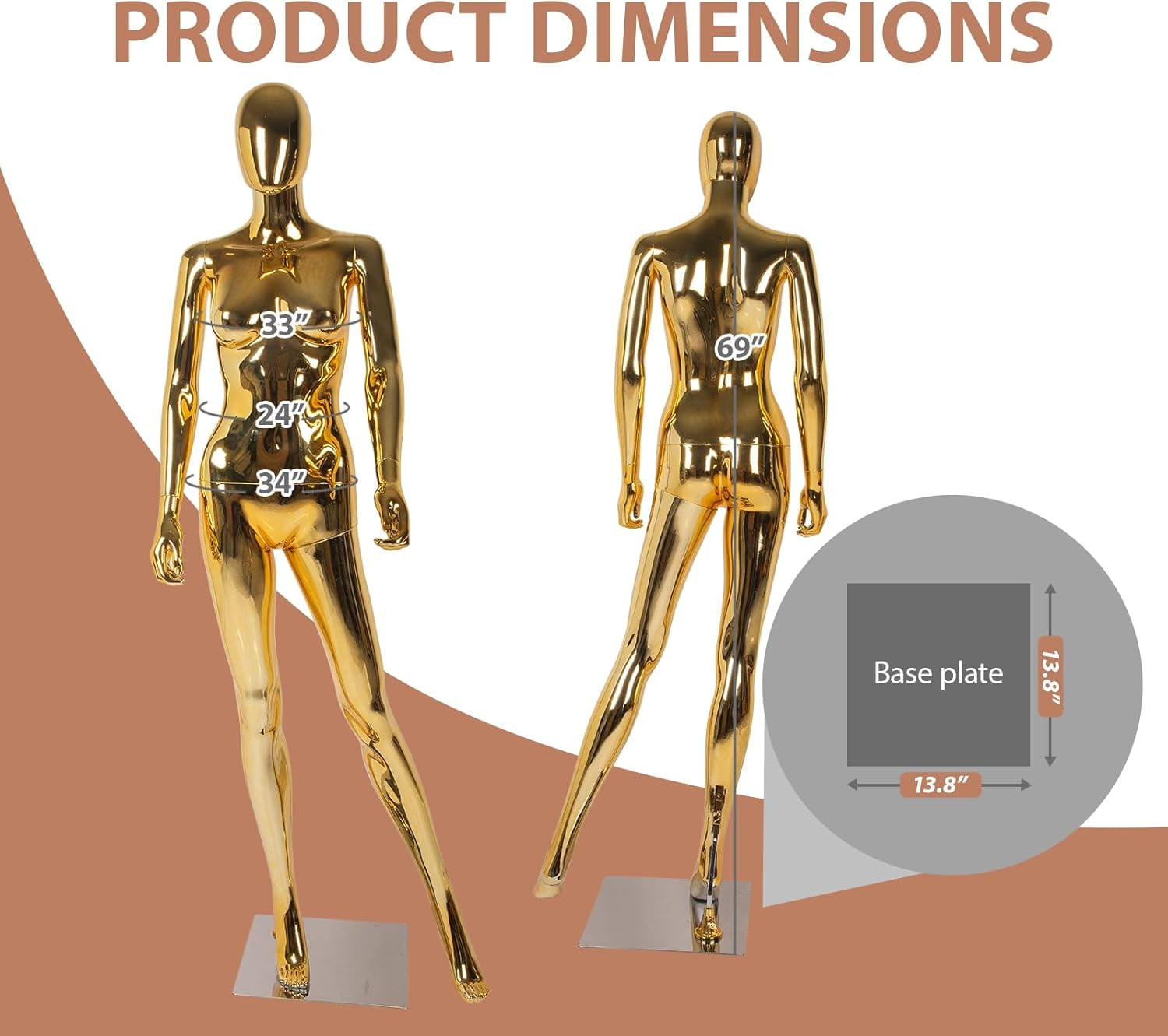 Kinbor Gold Full Body Female Mannequin - Elegant Tall Female Mannequin with Stable Metal Base, Manne quin Dress Form Display with Adjustable Head and Arms, Detachable Manikins