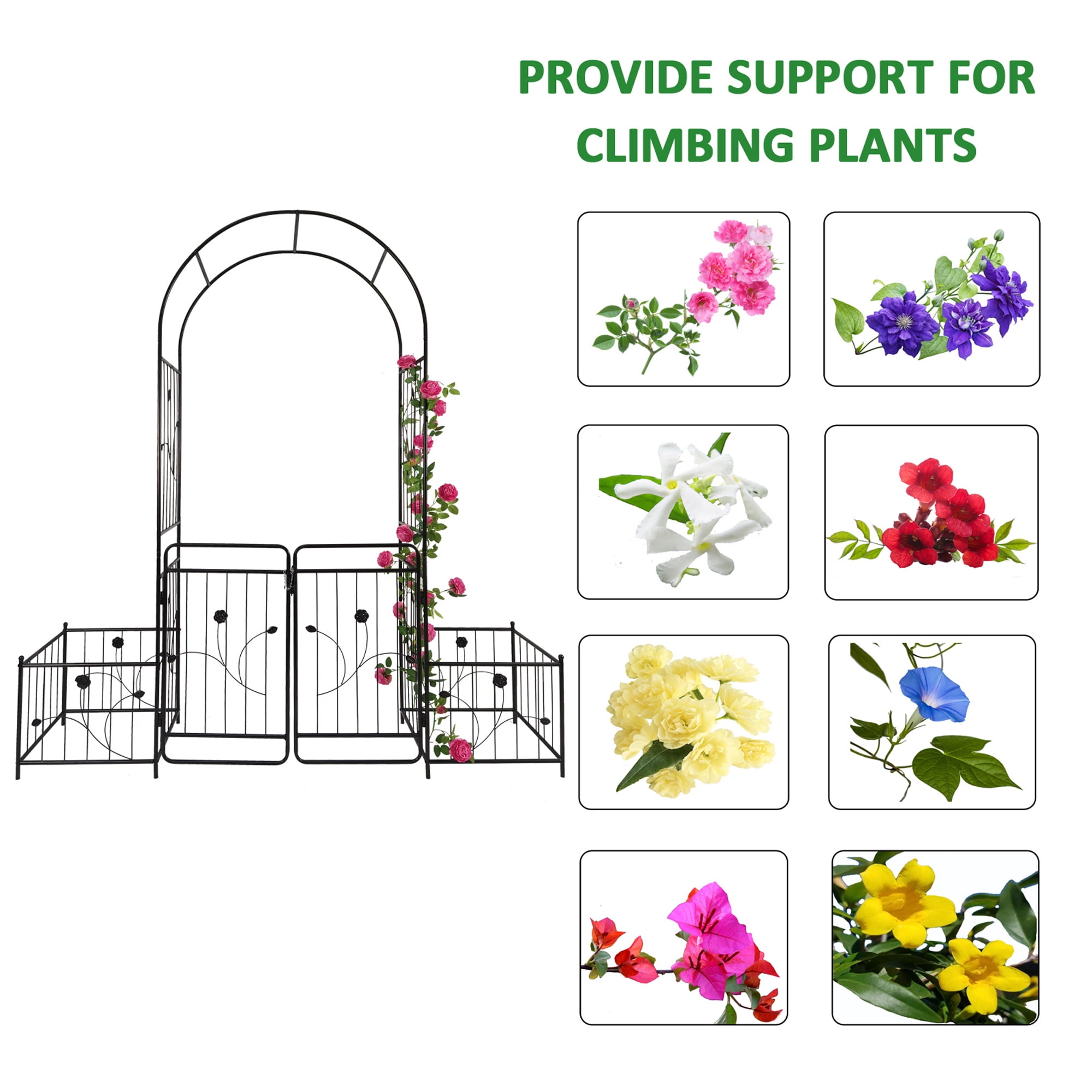 Miniyam Metal Garden Arch with Double Doors and 2 Side Planter Baskets, 79.5" W x 86.6", Black