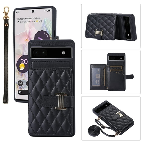 Case for Google Pixel 6a, Detachable Crossbody Strap & Lanyard Wallet Case with Card Slots, 360° Stand Ring Kickstand Flip PU Leather Protective Cover for Google Pixel 6a, Black