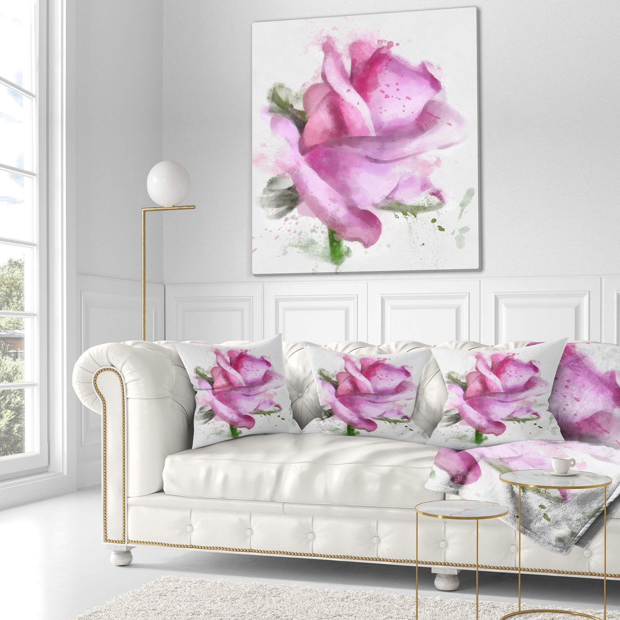 Designart Pink Rose Drawing Watercolor - Floral Throw Pillow - 18x18