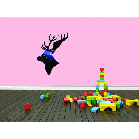 Design With Vinyl Artwork Blue and Balck Colorful Deer Head Stars In Design Wall Decal for Family - Art Work Doe Buck Elk Antlers Hunting Themed Décor - Size: 14 In x 21 In