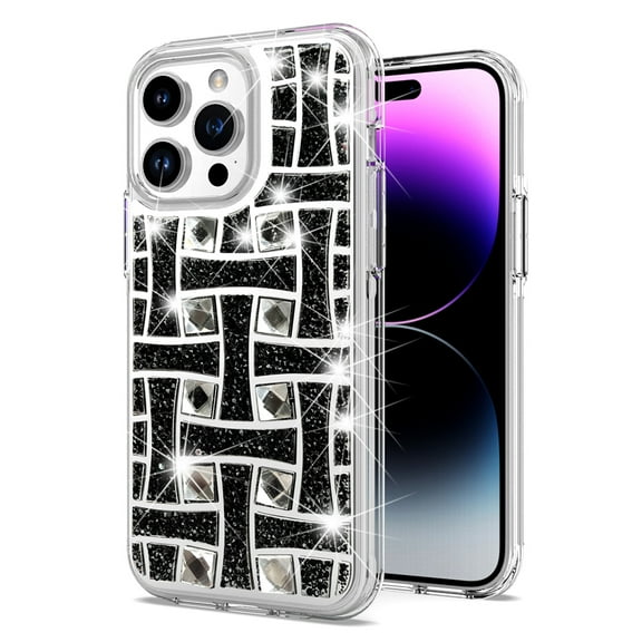For iPhone 15 PRO Case Shimmering Bling Hybrid Phone Cover 2 Tempered Glass
