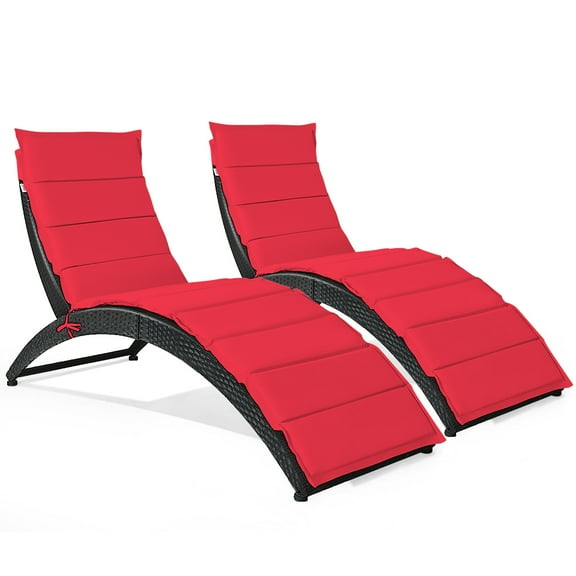 Patiojoy 2-Piece Foldable Outdoor Patio Rattan Lounge Chair Reclining Chaise Chair Red
