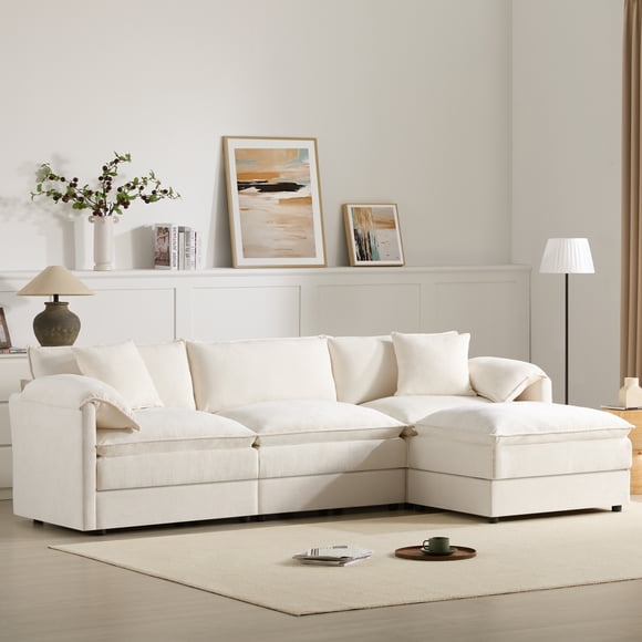 MODERNLUXE 103" Oversized Chenille Modular Sectional Sofa with Movable Ottoman,L-Shaped Cloud Couch with Double Cushions & Deep Seat ,4 Seat Sofa for Living Room & Apartment, White
