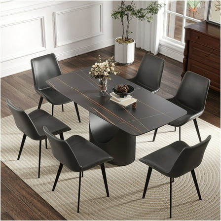 JERFIT 63 inch Modern Sintered Stone Dining Table for 6-8 Person, Black Rectangular Table with Curved Metal Legs for Dining Room