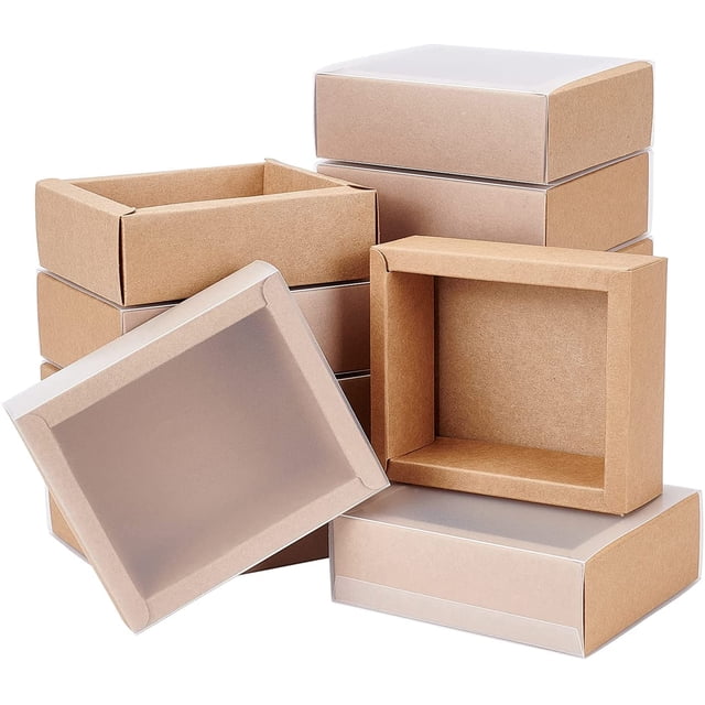 Paquete de 12 cajas de regalo de papel kraft con tapa de PVC esmerilado, 4 x 3,5 x 1,5 pulgadas. Caja de cajón de papel kraft.