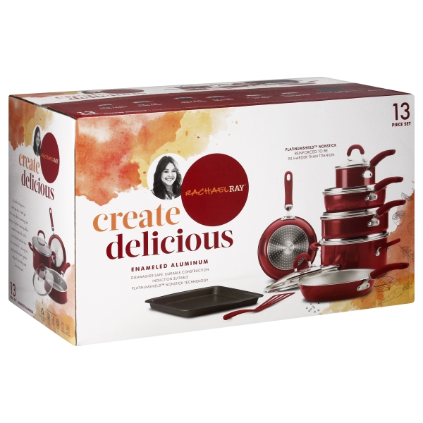 Rachael Ray 12147 Create Delicious Aluminum Nonstick Cookware Set, 13 Piece - Red Shimmer
