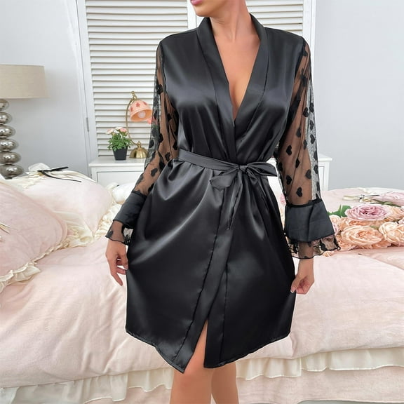 Voncos Satin Kimono Robe for Women, Mesh Heart Sleeves Elegant Sleep Dress,Tie Waist Ruffled Cuffs Nightgown for Bridal Party & Lounge Wear Black M