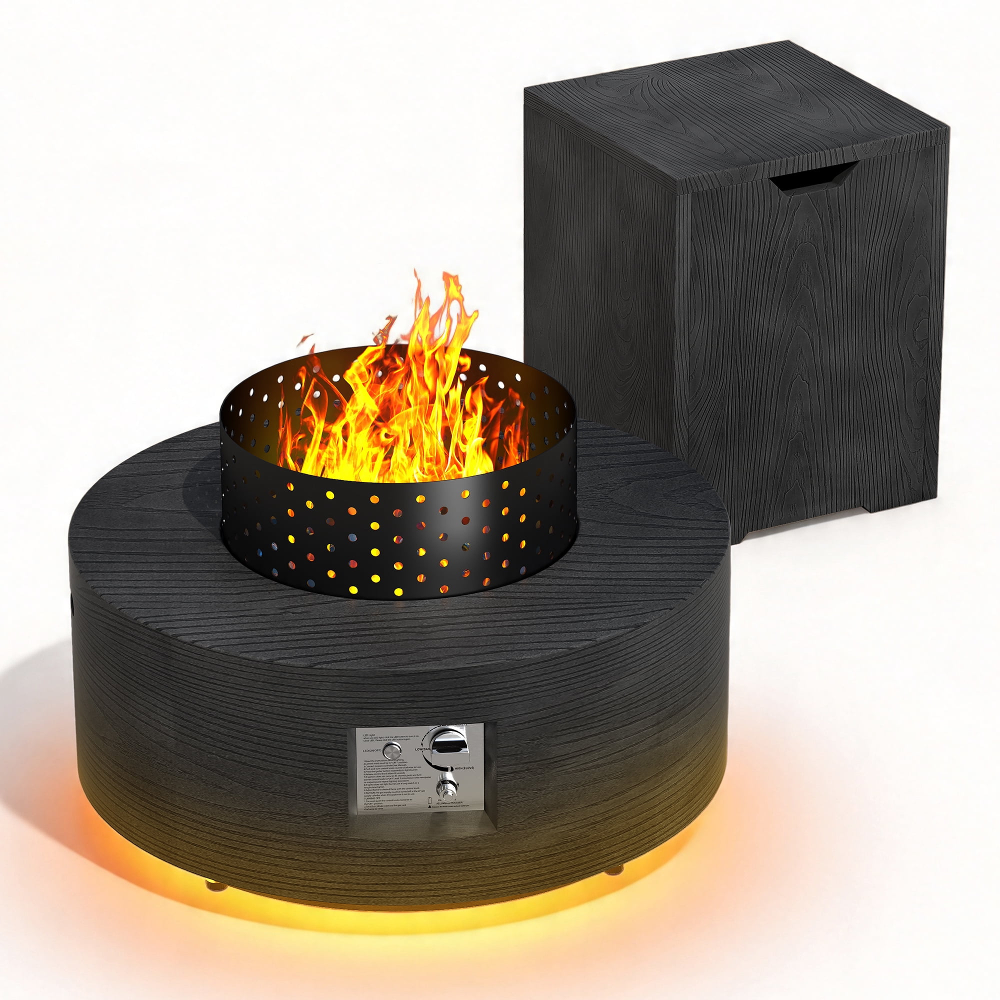 30 in. Round Propane Firepit Table with Golden LED Light, 50,000 BTU Outdoor Fire Pit Table in Dark Gray Wood Grain