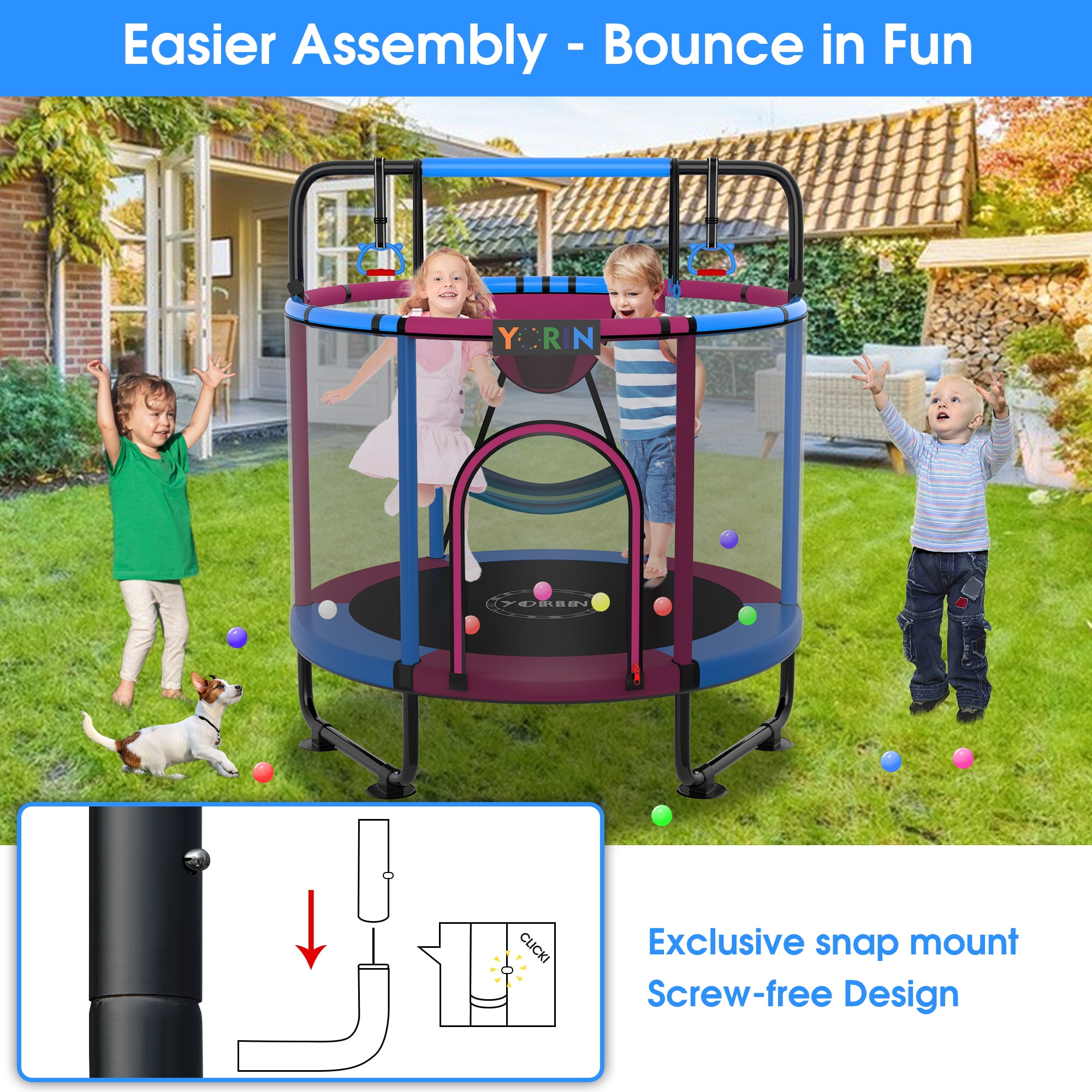 YORIN Trampoline for Kids, 55'' Toddler Mini Trampoline with Enclosure Net, Basketball Hoop, 4.5FT Indoor/Outdoor Kids Trampoline with Swing, Adjustable Gymnastics Bars, Gifts for Boys Girls, 500LBS