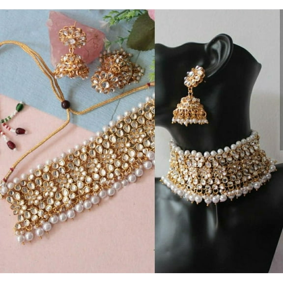 Handcrafted Kundan Pearl Bridal Choker Necklace Set – Traditional Gold-Plated Jewelry with Jhumka Earrings