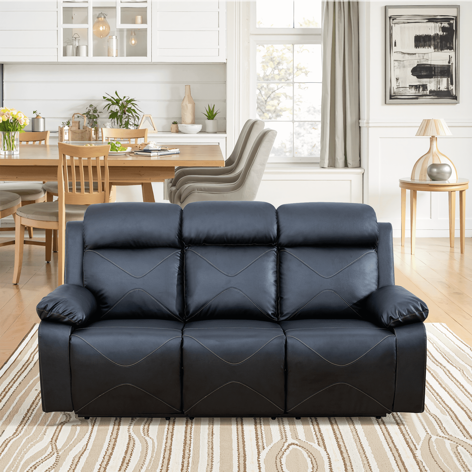 MAYEERTY 85" Modern Upholstered Breathing Leather Sofa - For Living Room, Black