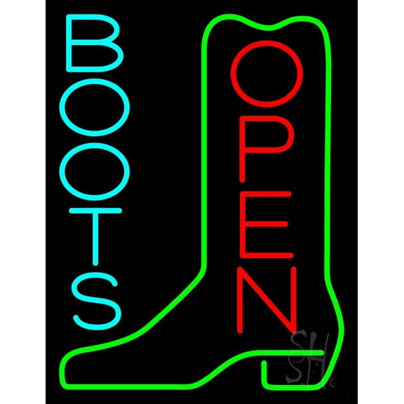 Turquoise Boots Open LED Neon Sign 19 x 15 - inches, Black Square Cut Acrylic Backing, with Dimmer - Bright and Premium built indoor LED Neon Sign for store interior Décor, Storefront.