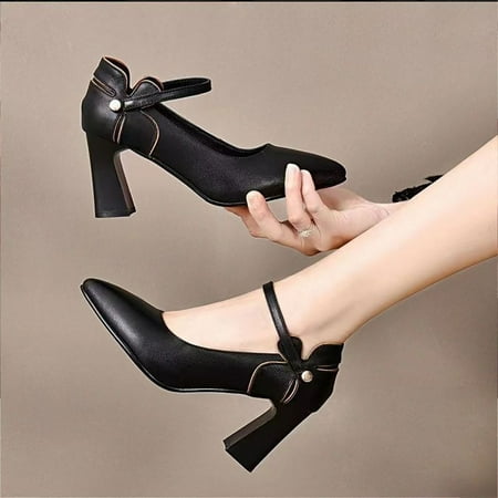 

Women Square Heel Shoes Breathable Leather Shoes with Buckle Gift