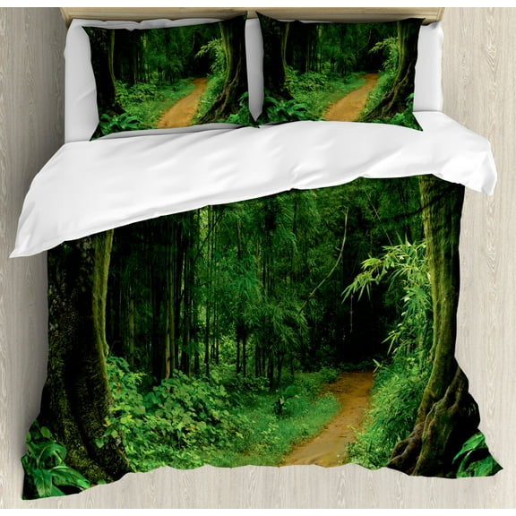 Jungle Duvet Cover Set King Size, Pathway in the Forest Thailand Freshness Calm Nature Park Meditation Hiking Hobby Picture, Decorative 3 Piece Bedding Set with 2 Pillow Shams, Green, by Ambesonne