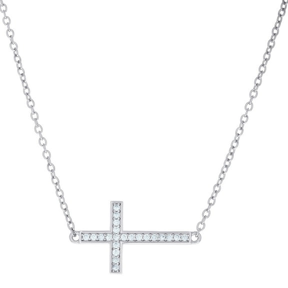 925 Sterling Silver Womens Cubic Zirconia Sideways Cross Religious Charm Necklace 16 1.5 Inch 8mm Long Pendant Necklac