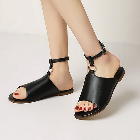 

absuyy Heeled Sandals for Women- Casual New Style Low Heel Faux Leather Fashion Solid Color Faux Leather Summer Sandals #428 Black-6.5