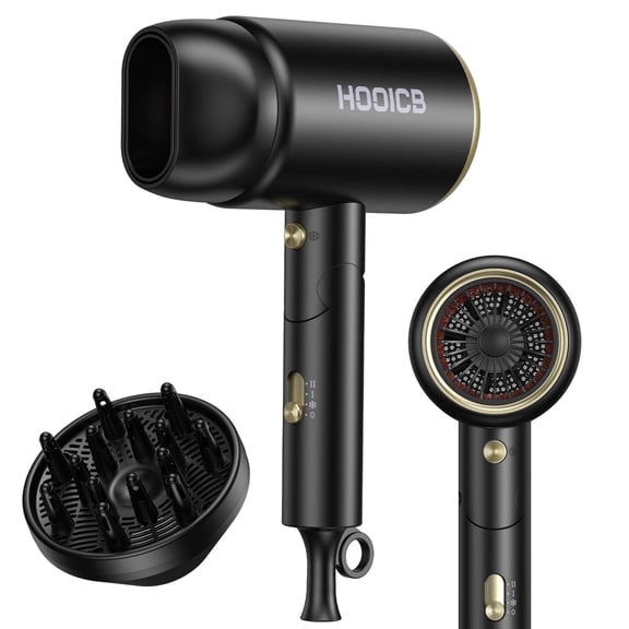 HOOICB Hair Dryer, Professional Ionic Blow Dryer with Diffuser and Concentrator Nozzle, Foldable Design, Fast Drying and Styling, Black