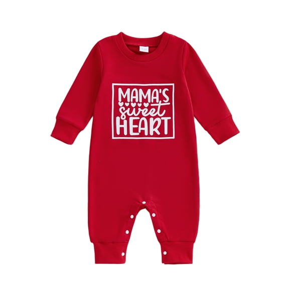 BemeyourBBs Newborn Baby Boy Girl Valentines Day Outfits Infant Fall Winter Spring Clothes Mama's Sweat Heart Romper Crew Neck Long Sleeve Letters Heart Print Jumpsuit