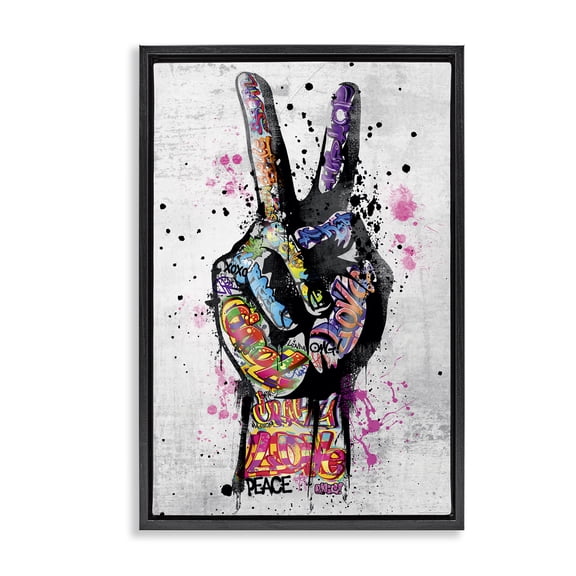 Stupell Industries Urban Tattooed Peace Hand Abstract Painting Black Floater Framed Canvas Art Print Wall Art, 17 x 25