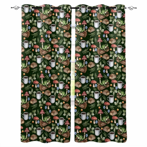 Mushroom Frog Blackout Curtains 54 Inches Long for Bedroom, Coffee Bread Dark Green Background Thermal Insulated Room Darkening Black Out Window Curtain Panels Grommet Drapes for Living Room