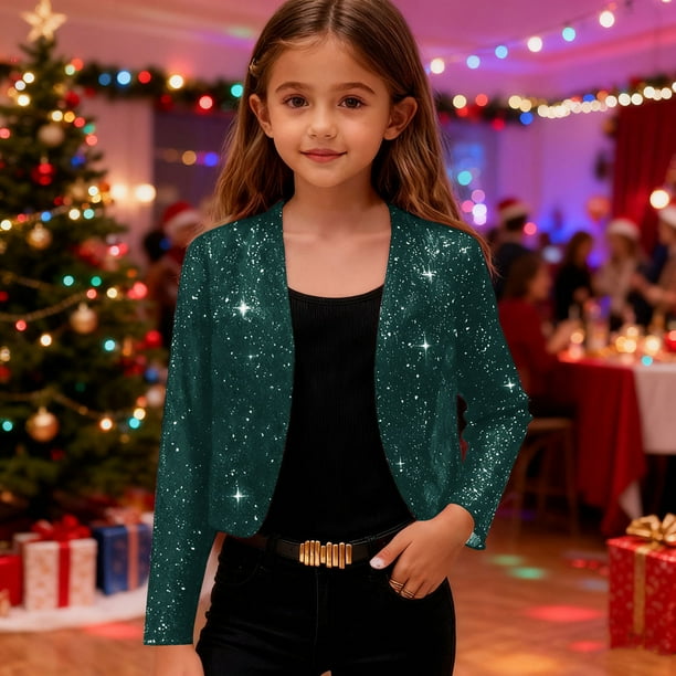 Cowsor Girls Sequin Blazer Open Front Jacket Party Christmas Sparkly Coats