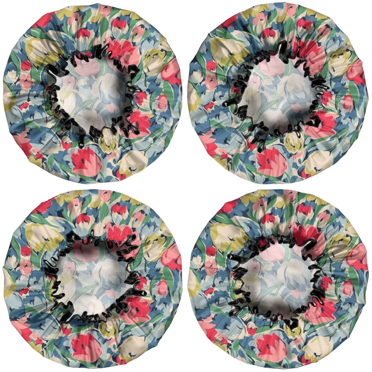 Shower Caps,Pioneer Flower Floral Print Pattern Waterproof Shower Cap for Women 4 Pieces,Double Reusable Hair Cover for Shower PEVA Elastic Stretch Hem