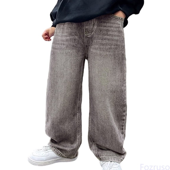 Fozruso Baggy Jeans Boys Y2K Straight Wide Leg Denim Pants Kids Casual Elastic Waist Loose Pants with Pockets Streetwear Vintage Jeans Casual Denim Pants Sizes 4-5 Years(Gray)