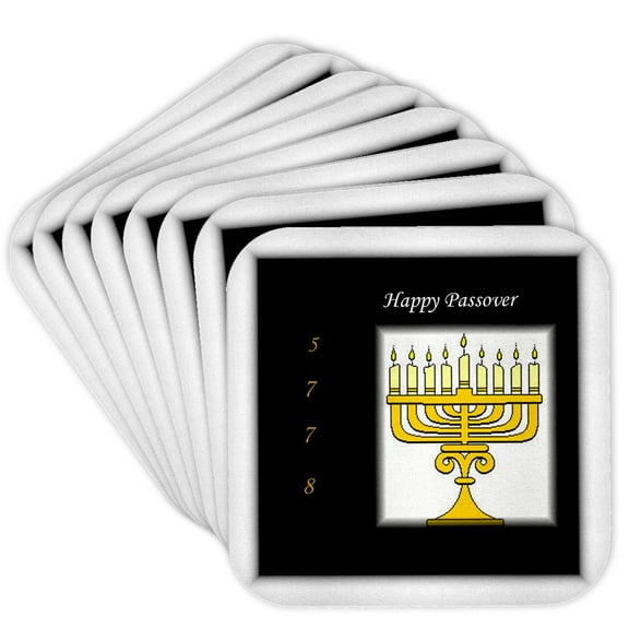 3drose, Image of Happy Passover with Menorah and 5778, Set of 8 Coasters - Soft
