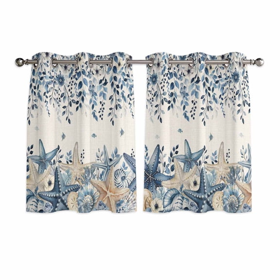 Blue Coastal Starfish Kitchen Curtains Window Panels, Beach Nautical Shell Eucalyptus Rustic Insulated Window Treatment Curtain, Grommet Curtains for Bedroom/Living Room/Bathroom, 2 Piece 52"Wx45"L