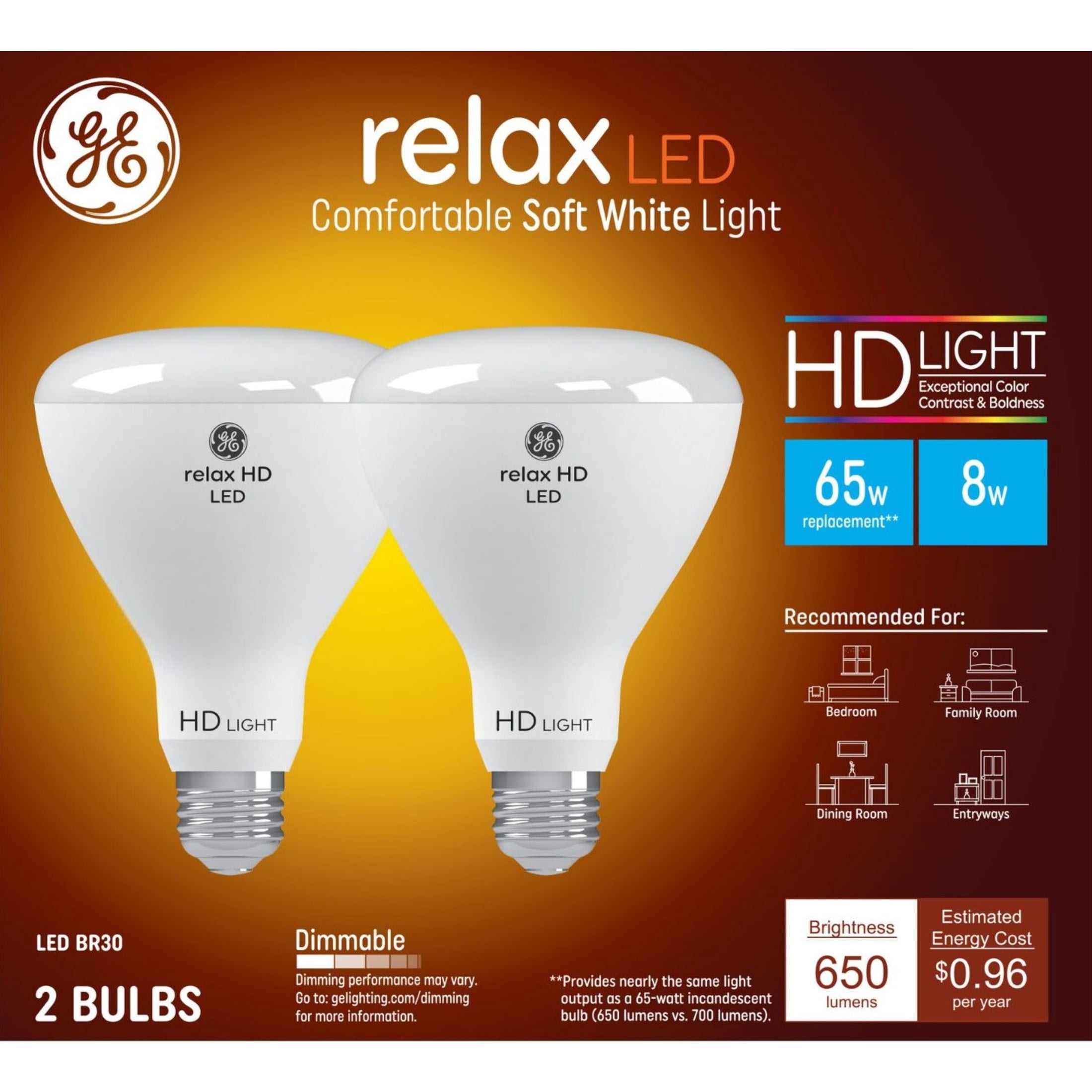 (1 pack) GE Relax HD LED Light Bulbs, 65 Watt, Soft White, BR30 Indoor Floodlight, Medium Base, 2pk