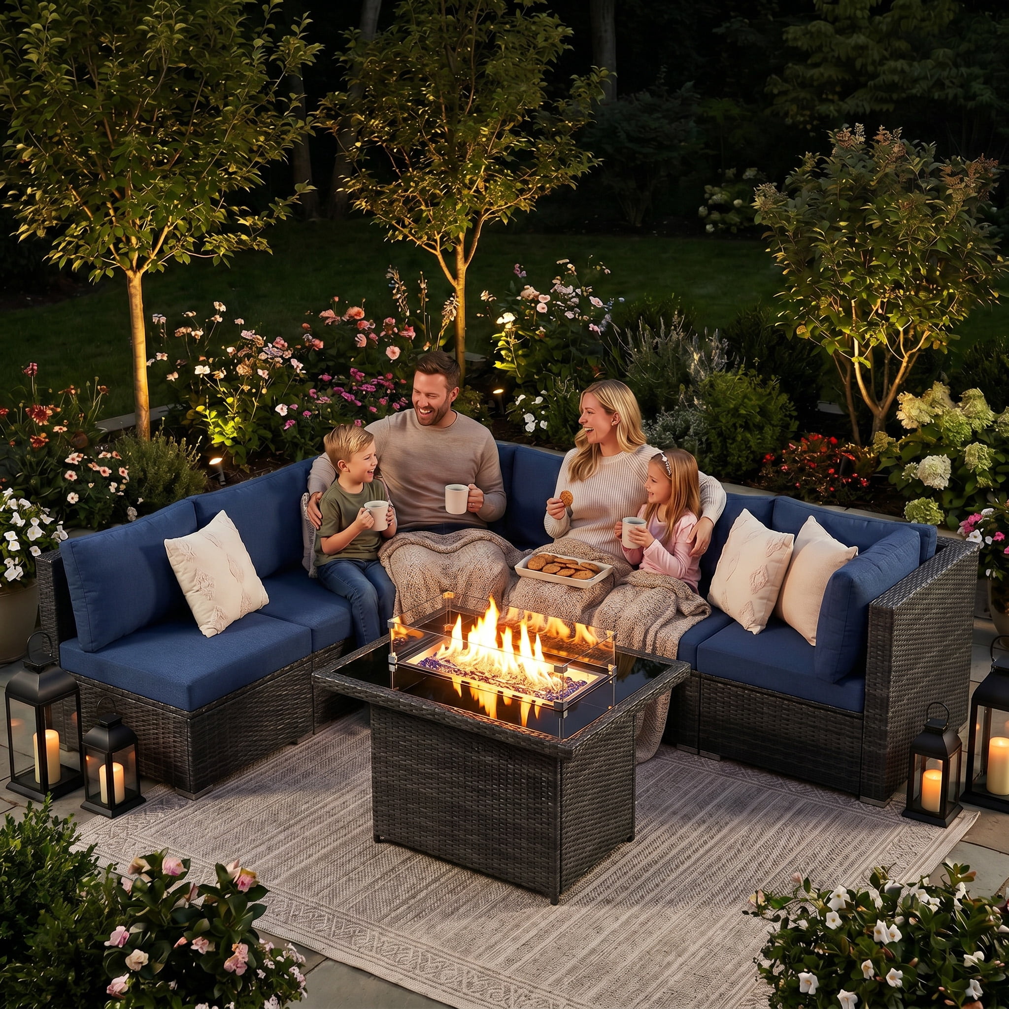 RADIATA 7-Piece Patio Furniture Set with Fire Pit Table, Outdoor Sectional with Fire Pit Table, Patio Couch Set with Fire Pit Table, Patio Furniture Set Outdoor Sectionals,Gray/Navy