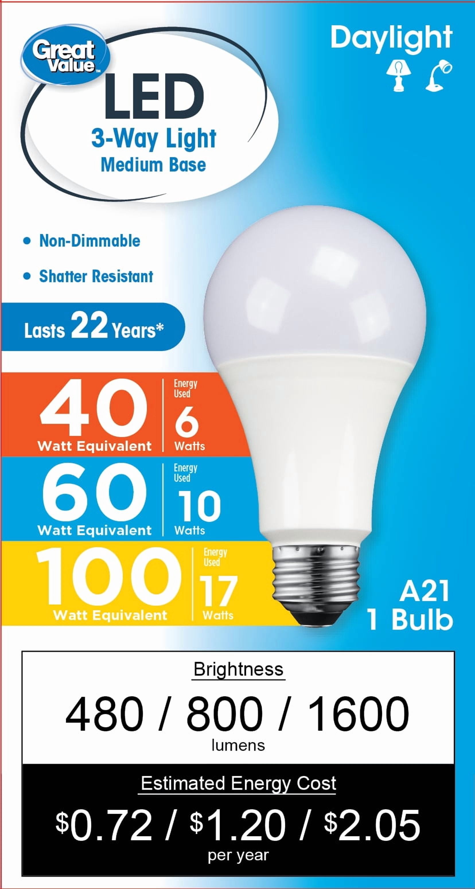 Great Value LED A21 Light Bulb, 16W (100W Equivalent) 3way Lamp E26 Medium Base, Non-Dimmable, Daylight, 1 Pack