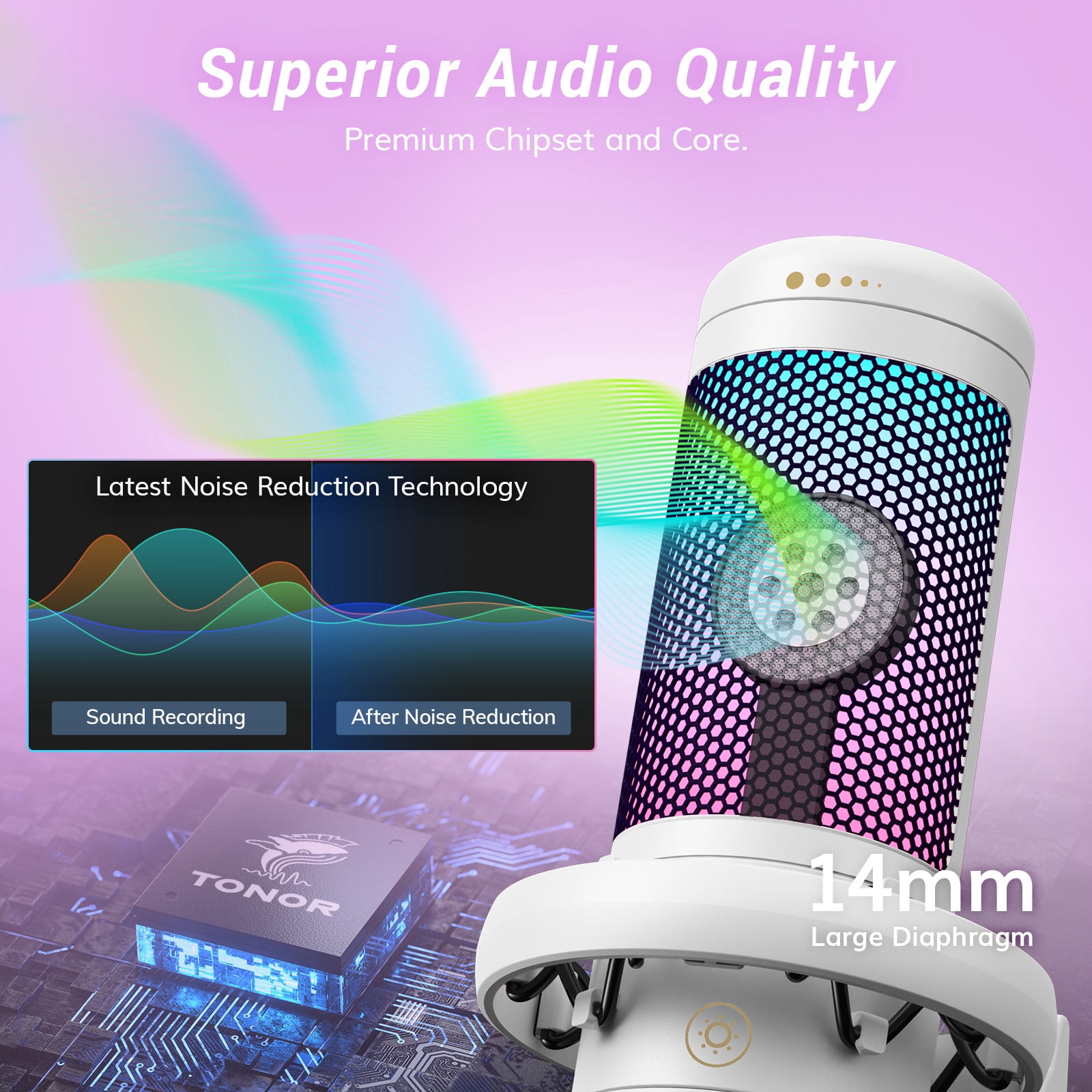 TONOR TC310 Gaming Microphone Type-C Plug, Desktop USB Microphone with RGB, Quick Mute, for Twitch, Streaming, Podcast, Studio Recording, Discord Chatting, 200 cm/78 inch Cable, White