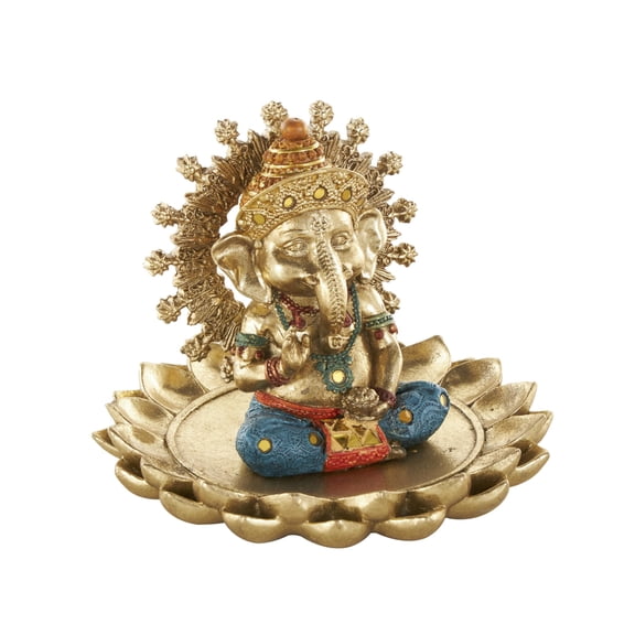 7" x 5" Gold Resin Ganesh Sculpture with Lotus Plate and Colorful Dresswear, by DecMode