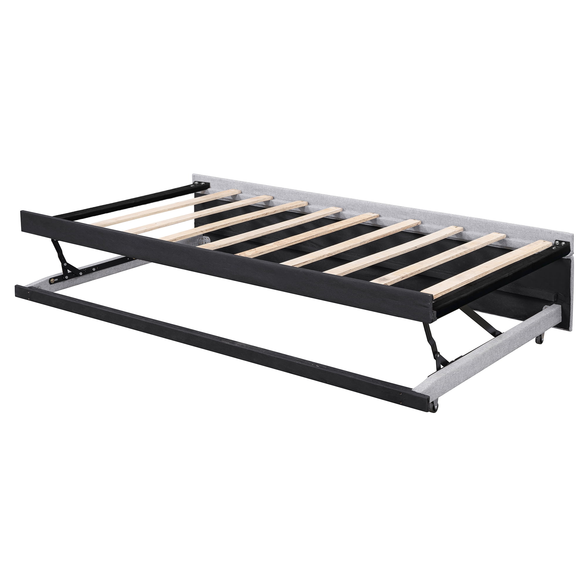 Aukfa Twin Daybed with Pop-Up Trundle, Linen Upholstered Twin-to-King Bed Frame, Space-Saving Guest Bed for Living Room, Bedroom, Kids Room, Gray