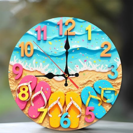 Summer Beach Flip Flops Wall Clock Decor 10-Inch Silent Wooden Wall Clock, Battery Operated (AA Batteries Not Included), Artistic Home Decor