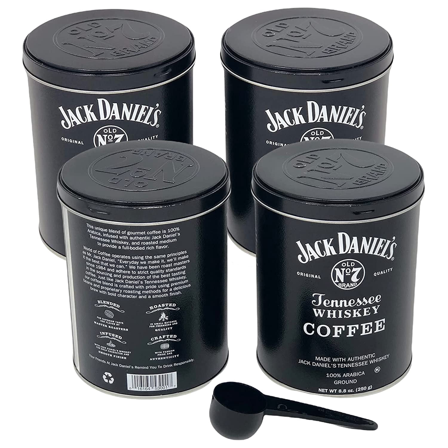 Jack Daniel's Coffee (4 Pack, 8.8oz Each) Bundled with Complimentary Measuring Spoon (1 Tbsp) - 100% Arabica, Medium Roast, Ground Gourmet Coffee, Kosher